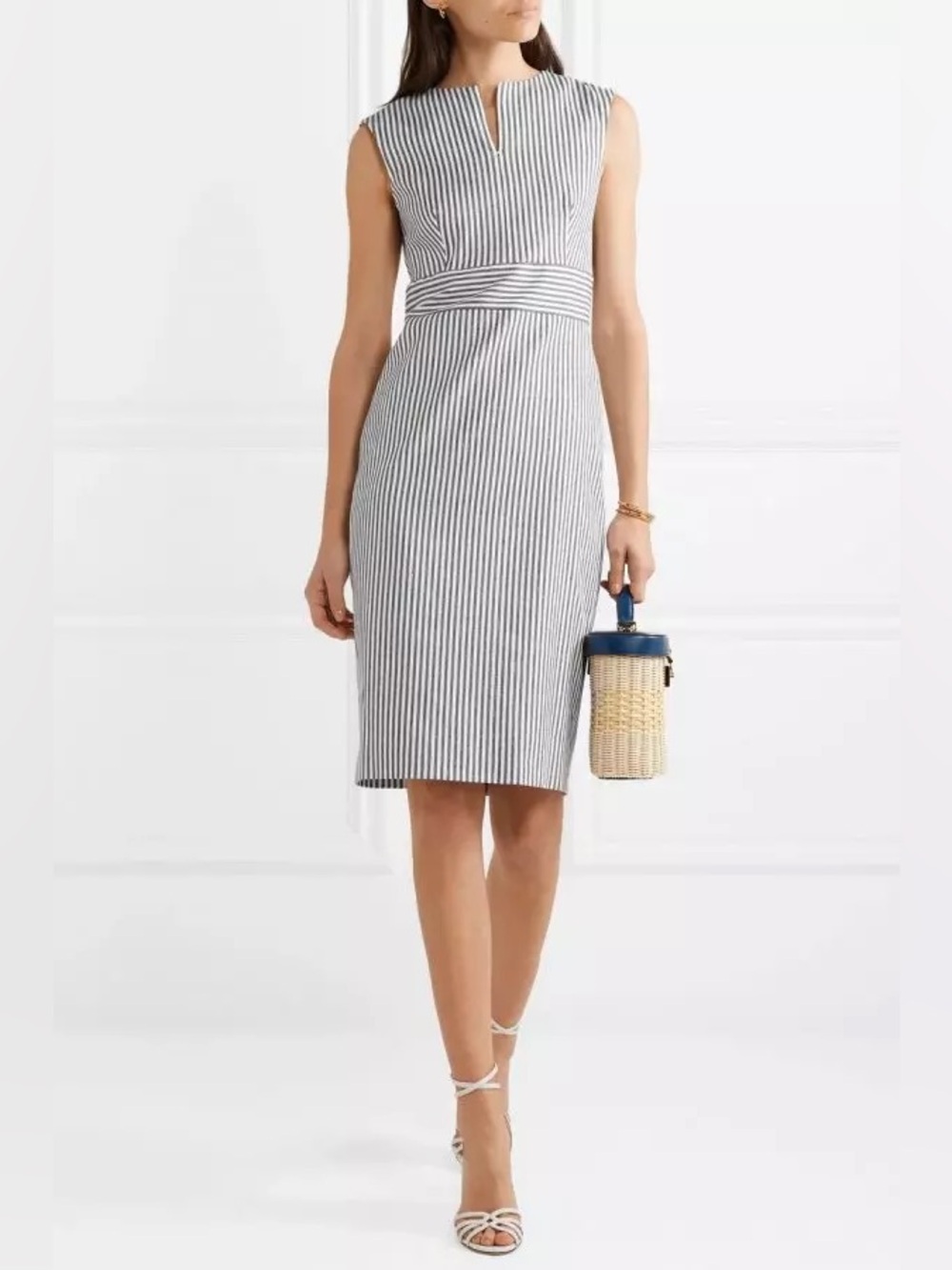 MaxMara Caraffa Striped Cotton and Linen Blend Dress 2 - Picture 1 of 10